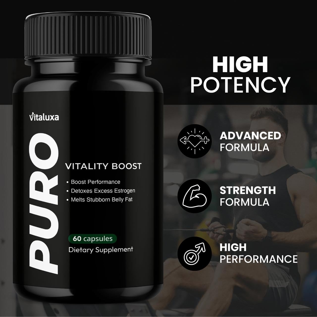 Vitaluxa Puro Vitality Boost Premium Blend Supplement Maximum Strength Daily Natural Vitamins Booster Capsules, 60 Capsules