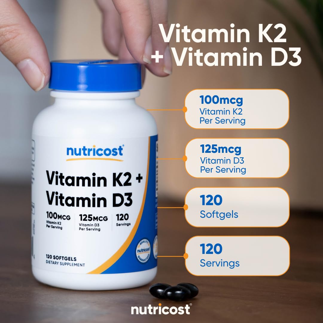Nutricost Vitamin D3 + K2 (5000 IU D3 / 100mcg MK7) Softgels 120
