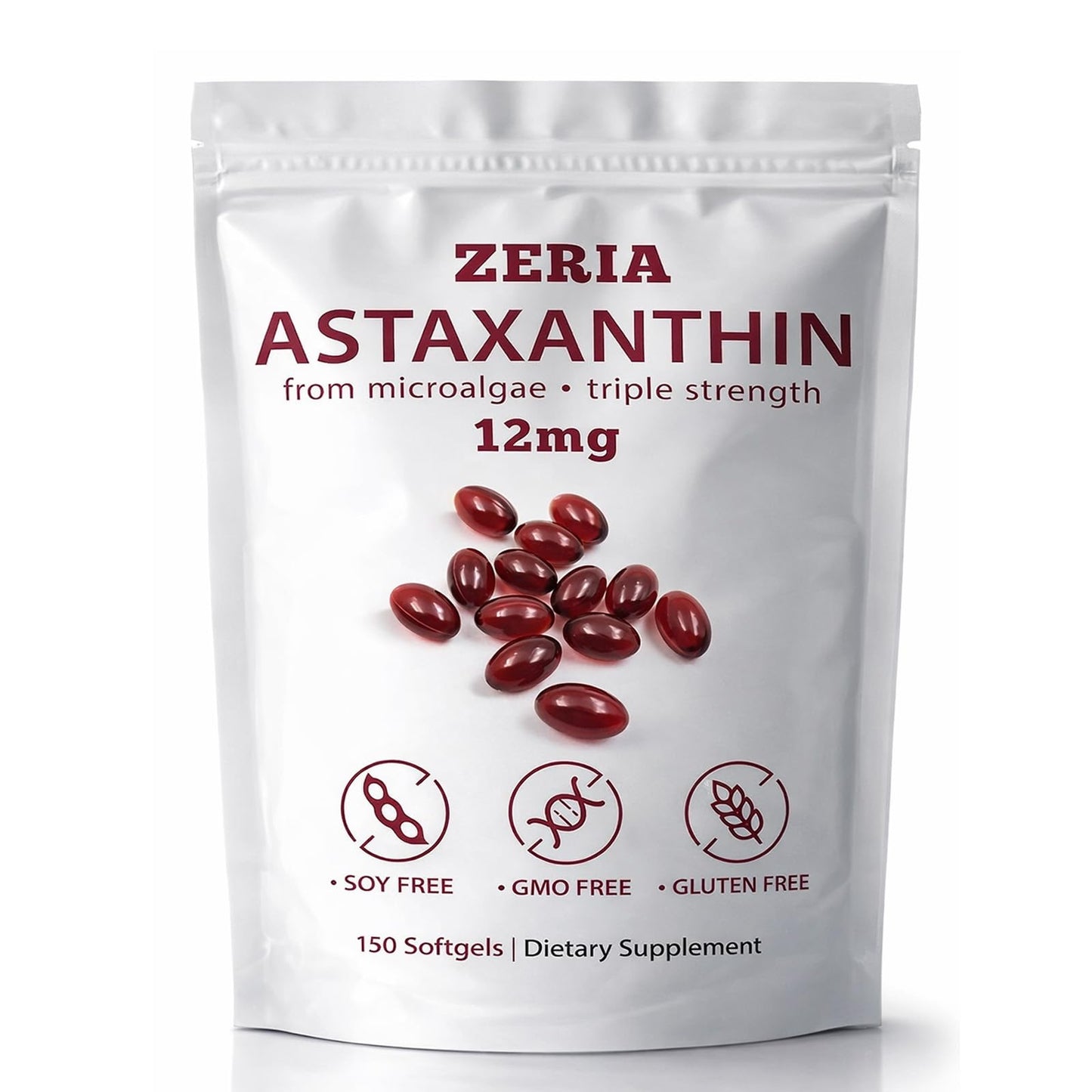 ZERIA Astaxanthin 12mg, Natural Microalgae Antioxidant for Eye, Skin & Immune Support Softgel, 150 Softgels