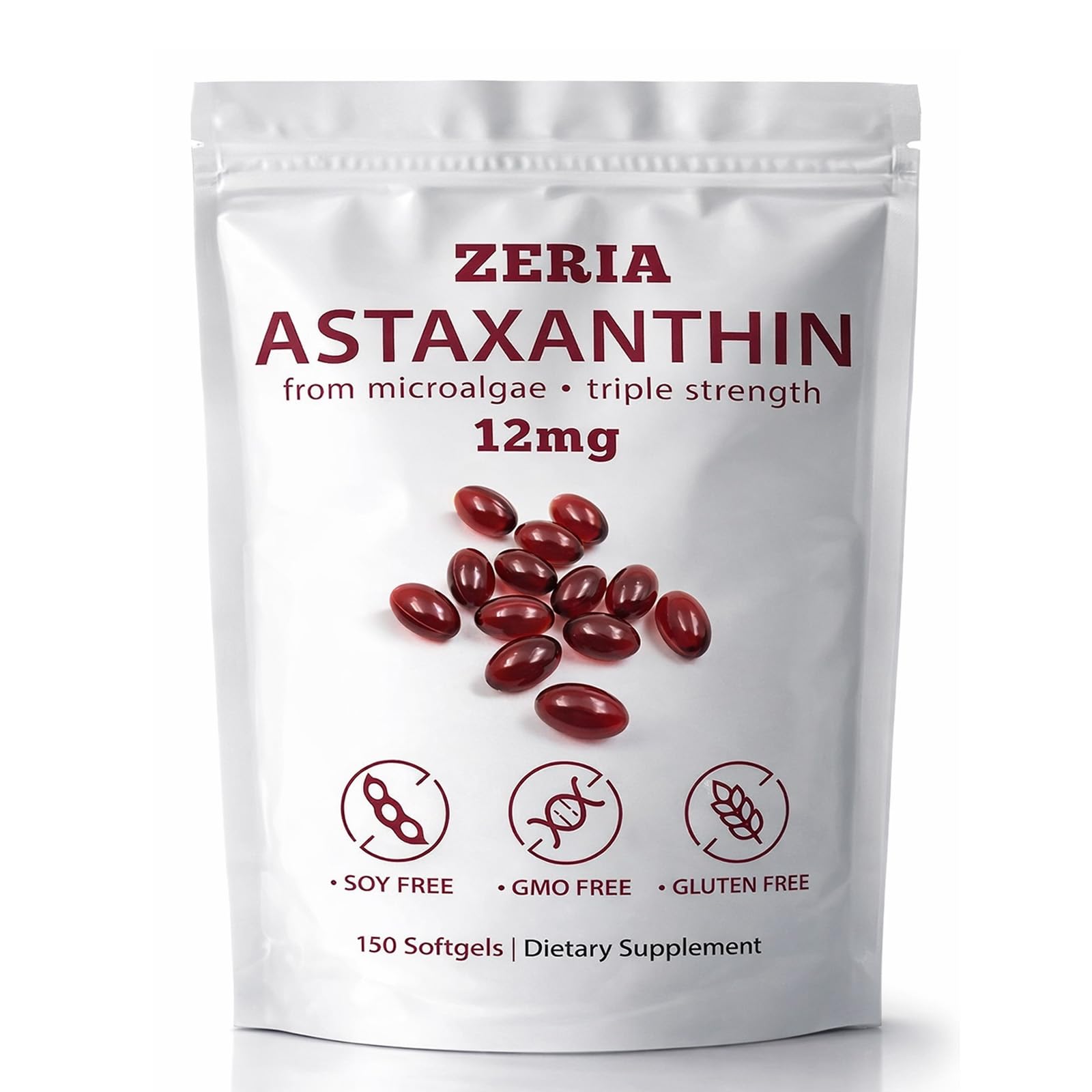 ZERIA Astaxanthin 12mg, Natural Microalgae Antioxidant for Eye, Skin & Immune Support Softgel, 150 Softgels