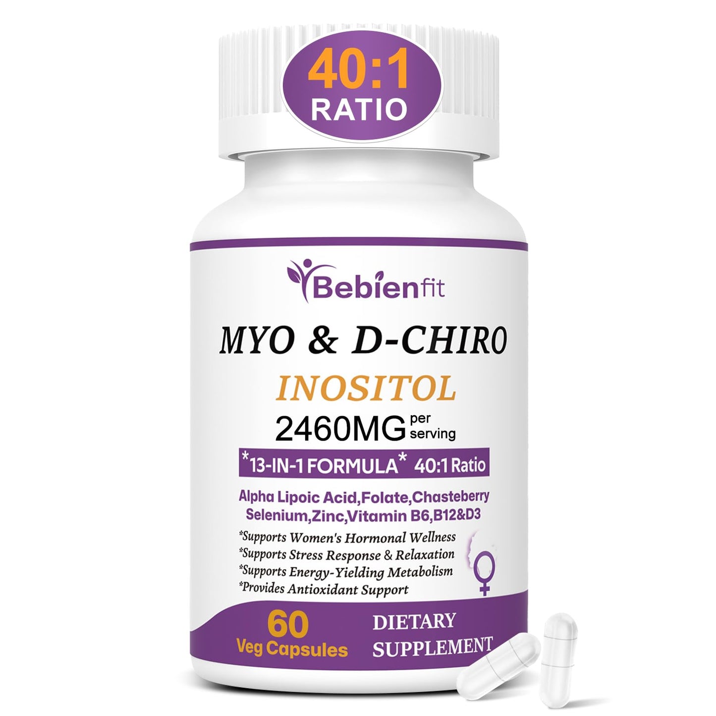 Bebien fit 13-in-1 Myo Inositol & D-Chiro Inositol for Women, 2460mg-40:1 Ratio Supplement Plus Alpha Lipoic Acid, Folate, Vitex, Magnesium, 60 Vegan Capsules