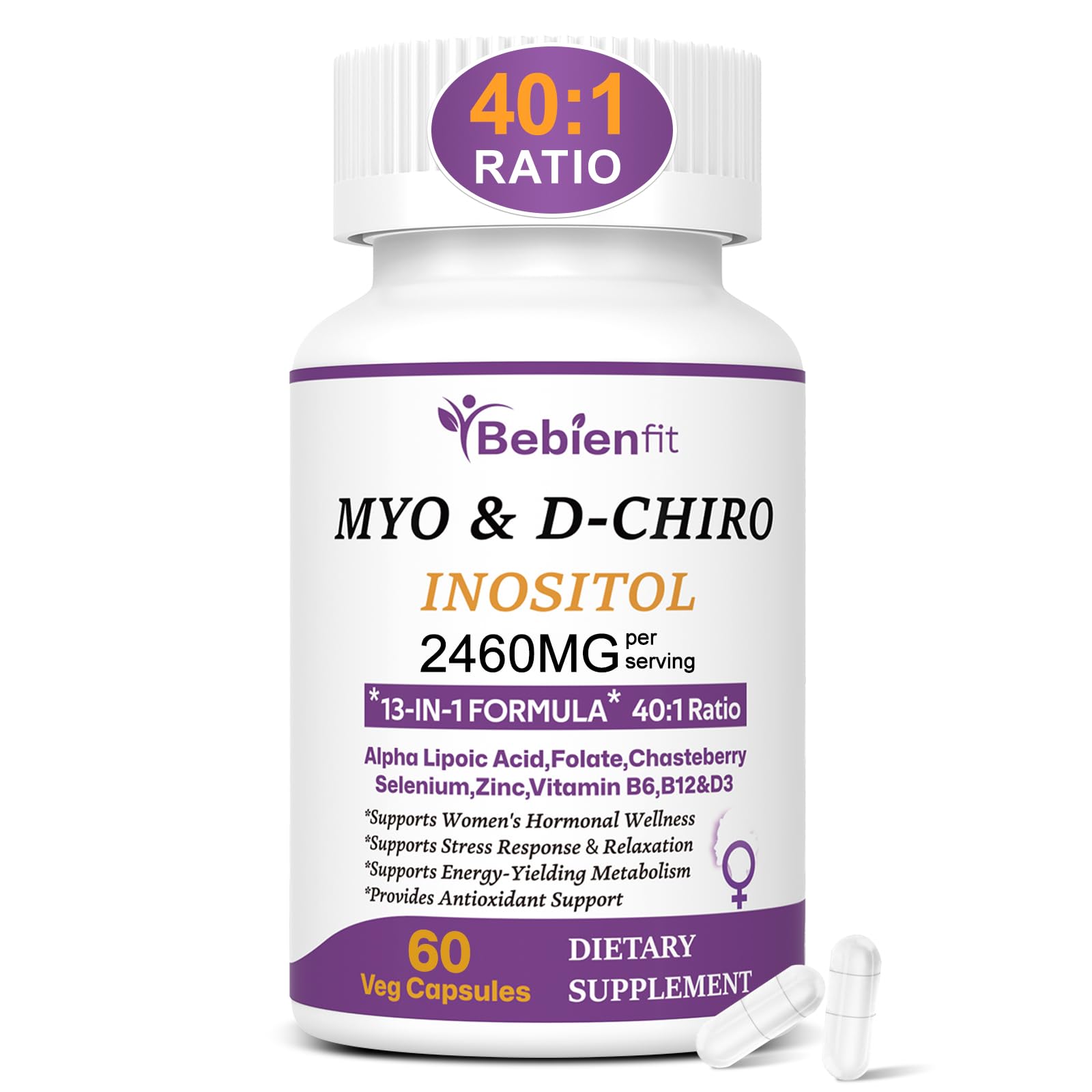 Bebien fit 13-in-1 Myo Inositol & D-Chiro Inositol for Women,2460mg-40:1 Ratio Supplement Plus Alpha Lipoic Acid/Folate/Vitex/Magnesium, 60 Capsules