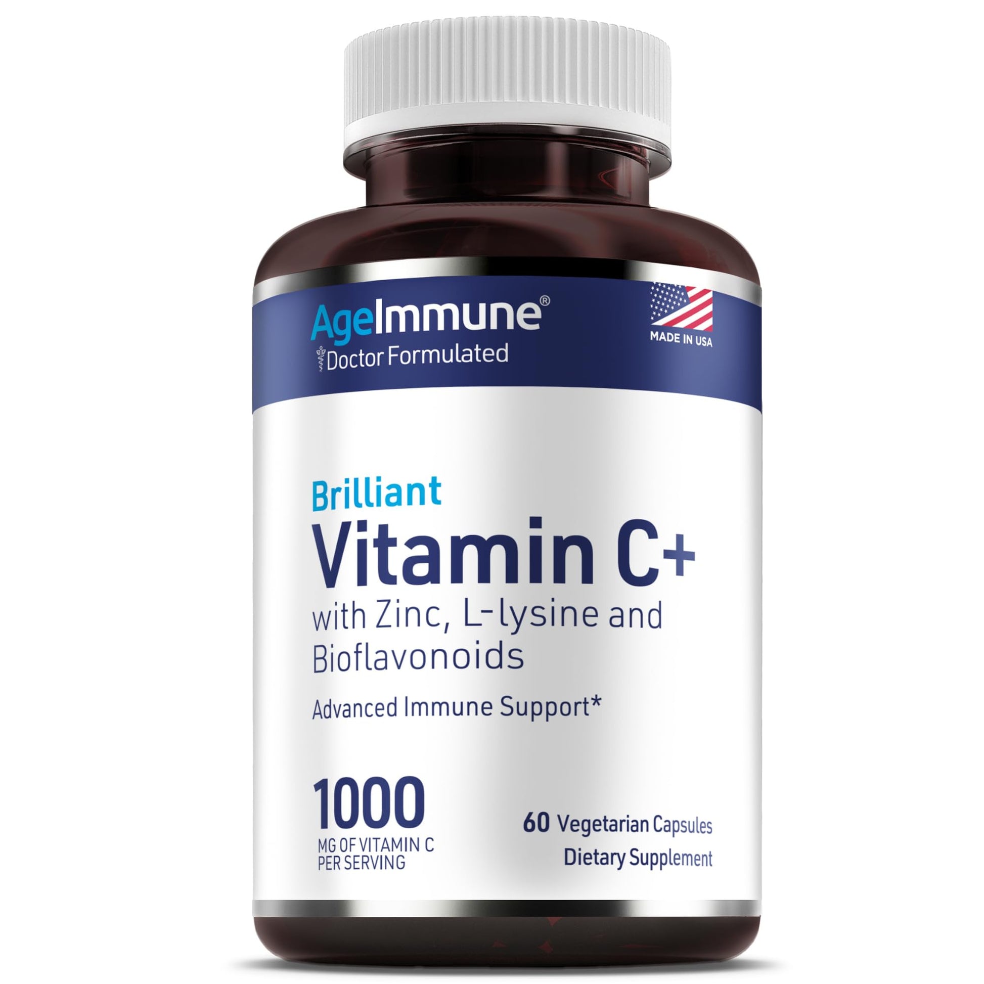 AgeImmune Vitamin C 1000mg Complex with L-Lysine 500mg, Zinc 12mg, Bioflavonoids 300mg Capsule, 60 Count