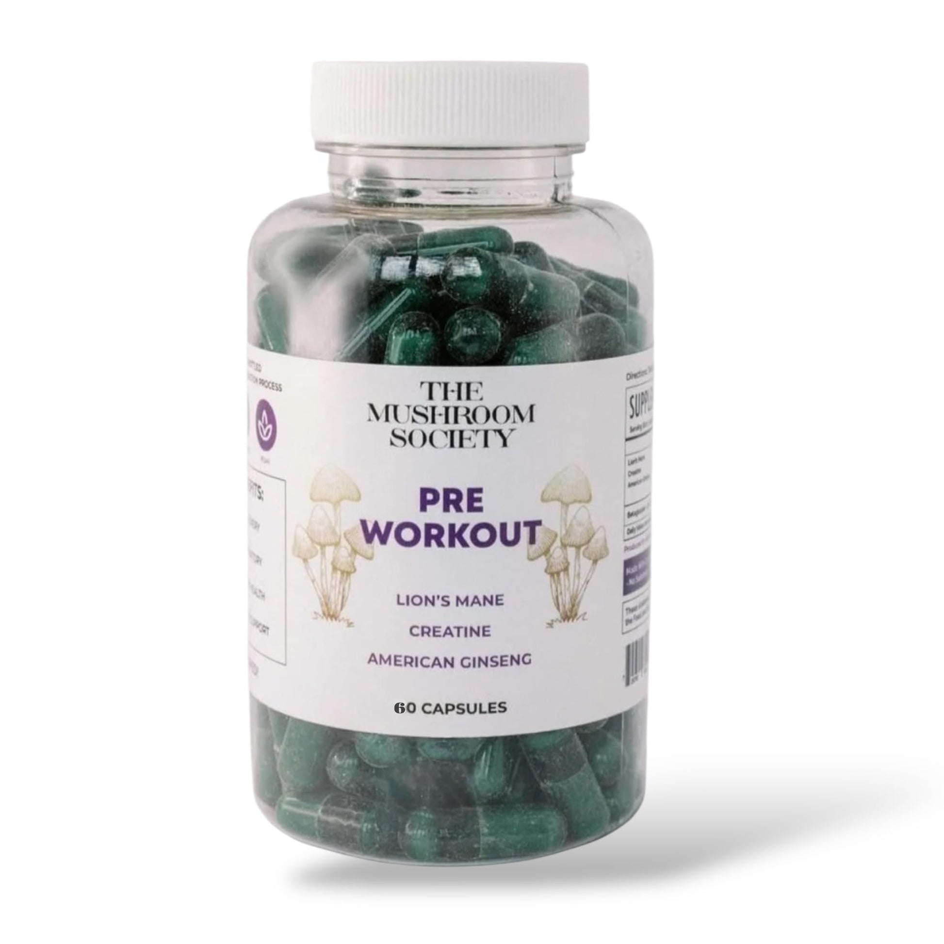 The Mushroom Society Pre-Workout Supplement Focus & Performance Stack with Lion’s Mane, Creatine, American Ginseng & Beta-Glucans – Natural Energy & Endurance Without Caffeine, 60 Capsules