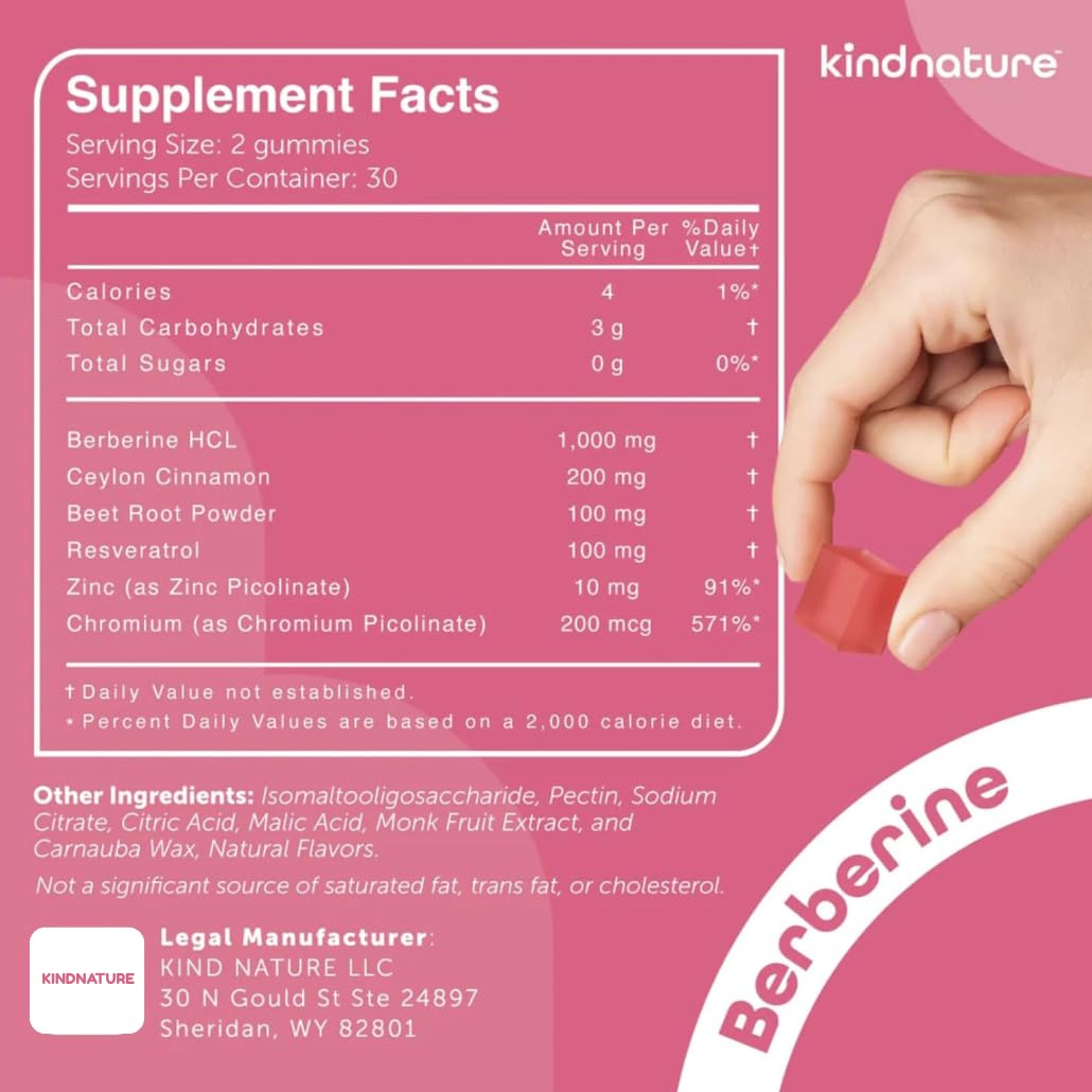 kindnature Berberine Gummies 1000mg with Ceylon Cinnamon & Resveratrol – 60 Count