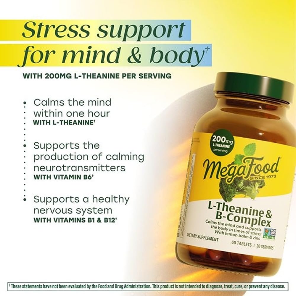 MegaFood L-Theanine & Vitamin B Complex with Vegan B12, B6, Folate, Biotin & More - 200 mg L-Theanine Supplement - B Complex Vitamins for Women & Men - Plus Lemon Balm & Zinc - 60 Tablets