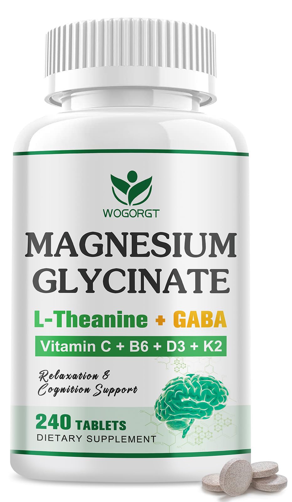 WOGORGT Magnesium Glycinate and L-Theanine Supplement 240 Tablets