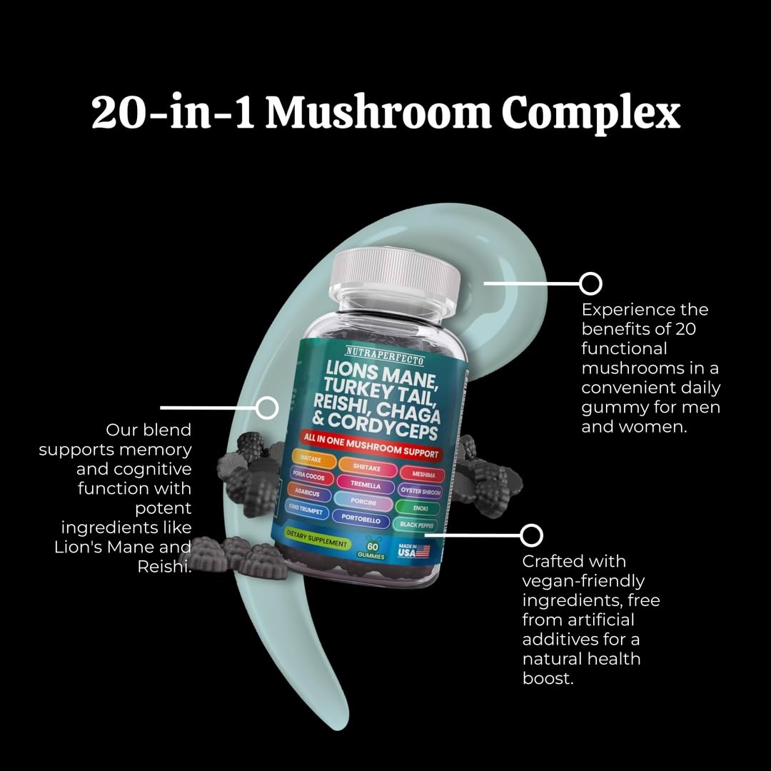 NutraPerfecto Organic Mushroom Gummies 20 in 1 Complex with Lion's Mane, Reishi, Chaga, Cordyceps, Enoki, Oyster, Turkey Tail, Vegan, 60 Gummies