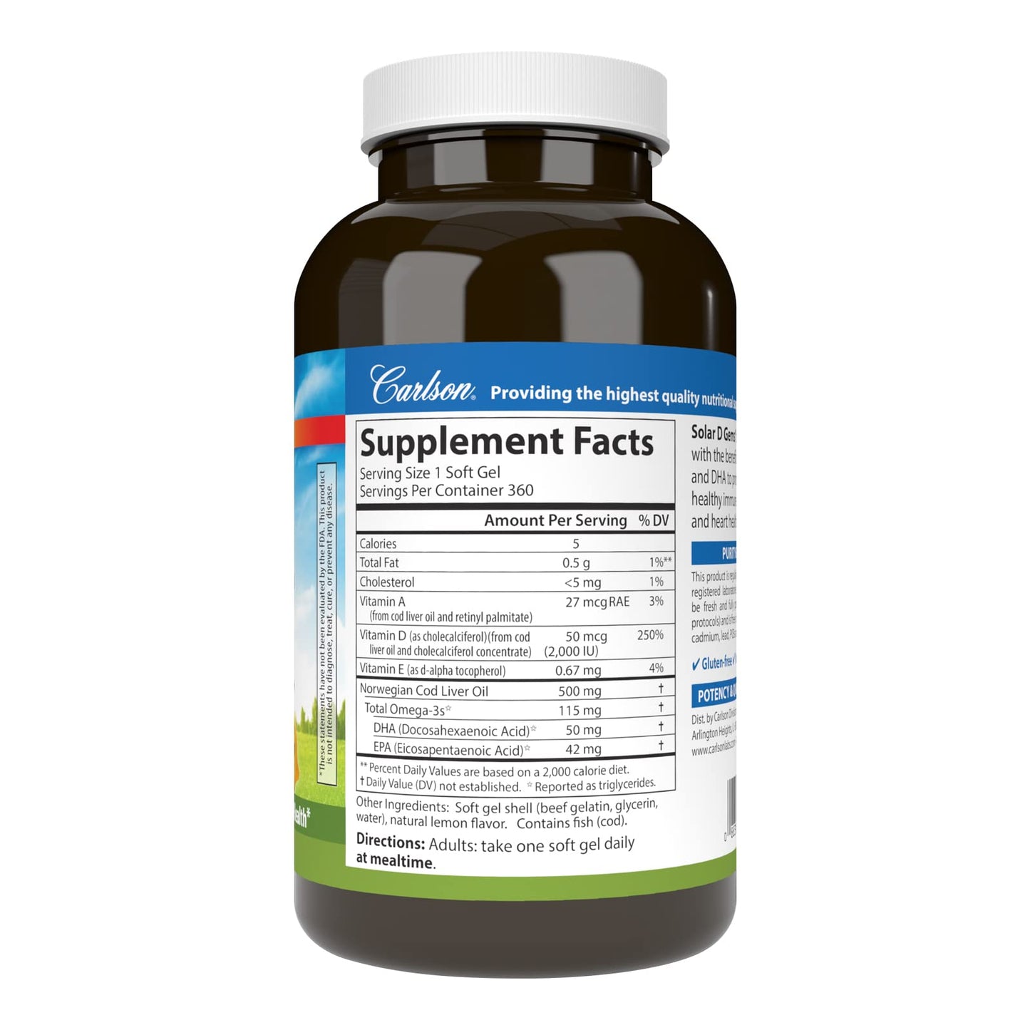 Carlson Solar D Gems Vitamin D3 and Omega-3 Softgels, 360
