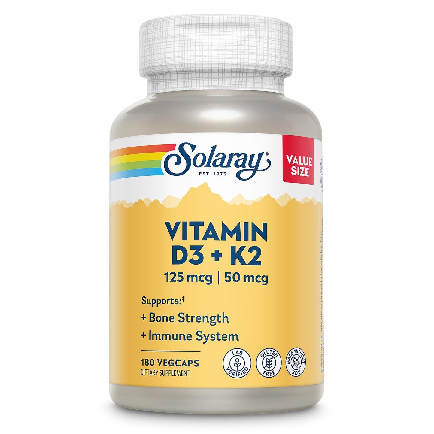 SOLARAY Vitamin D3 K2 - Bone Health and Immune Support Capsule, 180 Count