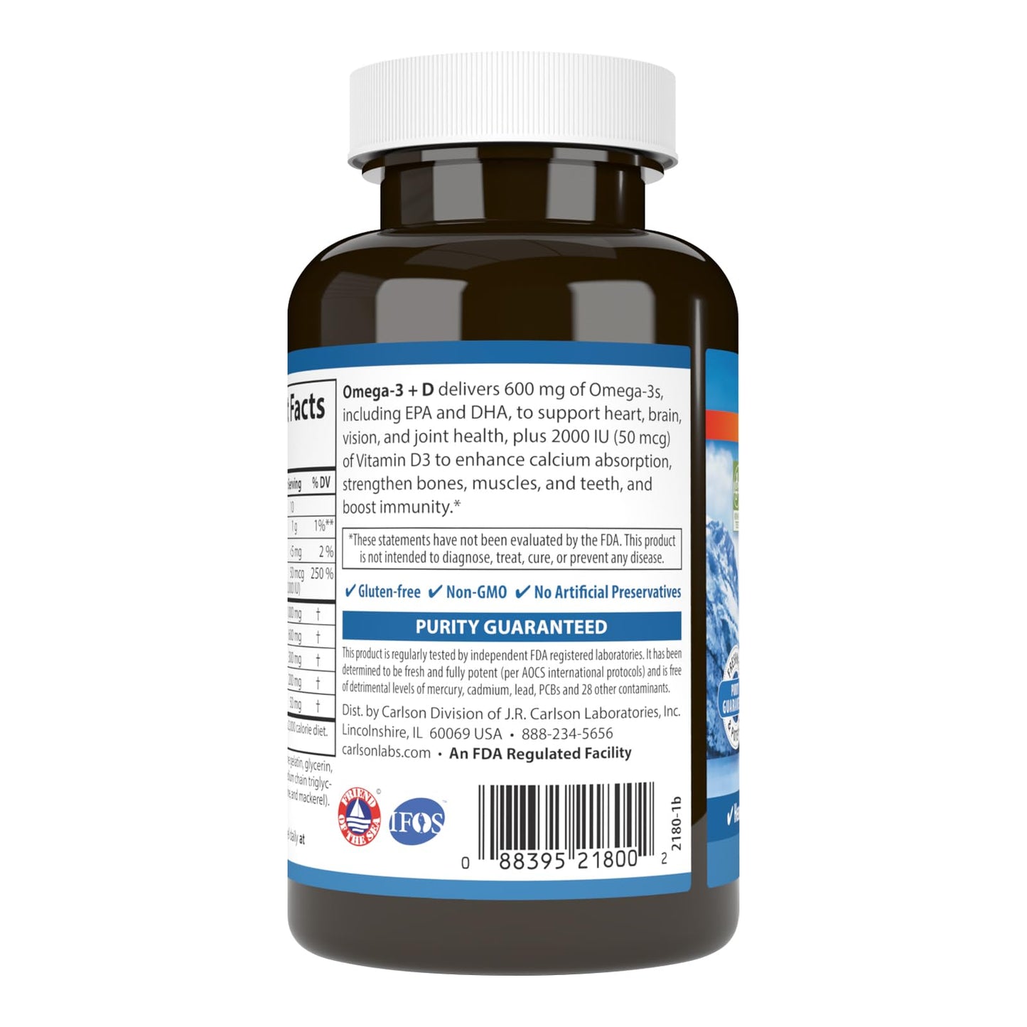Carlson Omega-3 + D 600 mg Omega-3s with EPA & DHA + 2,000 IU Vitamin D3 Softgels, 50 Count