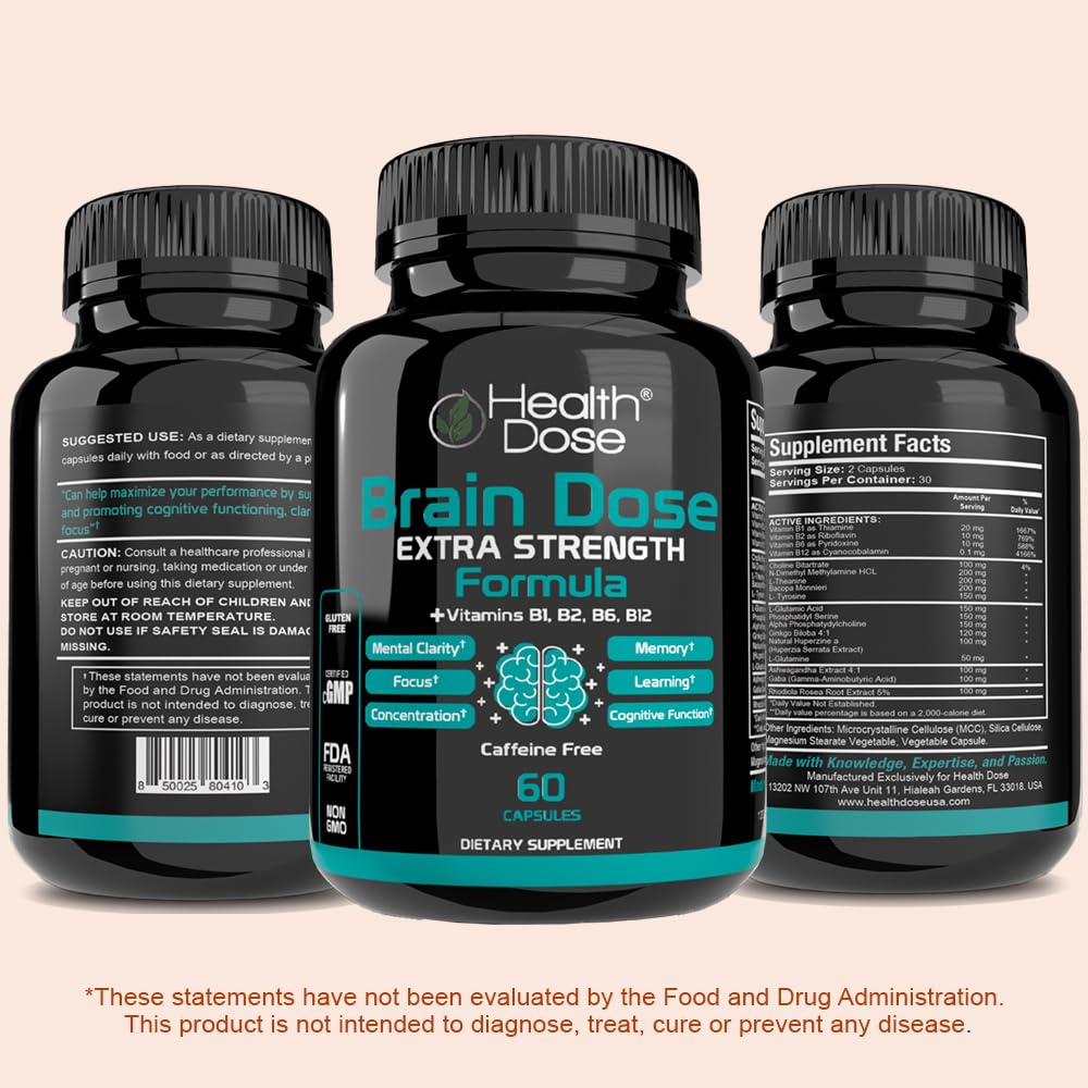 Health Dose Brain Dose Premium Nootropics - Caffeine-Free Extra Strength Formula for Men & Women Capsule, 300 Count