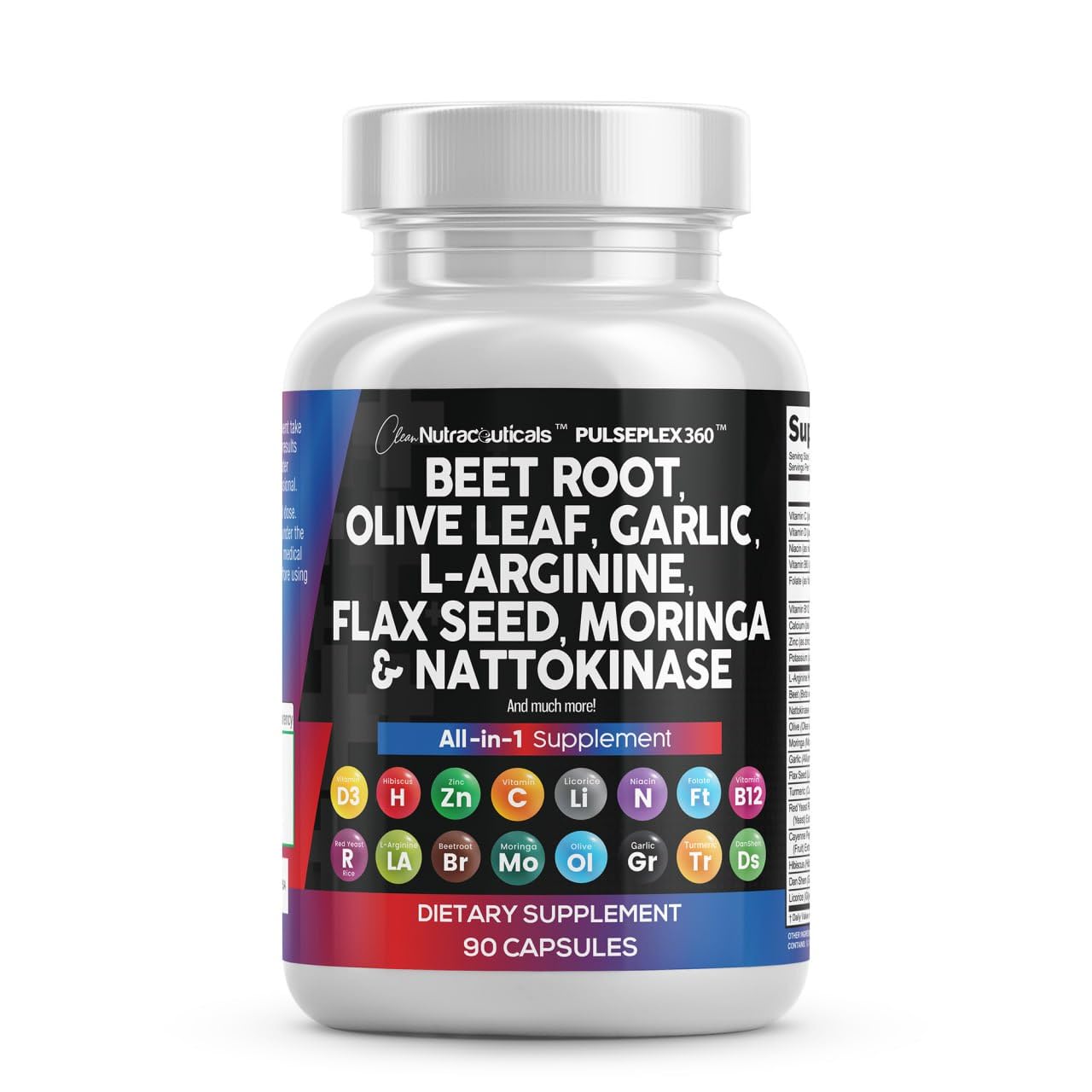 Clean Nutraceuticals Beet Root Capsule Blend with Olive Leaf Nattokinase Garlic Extract L-Arginine Omega-3 Red Yeast Rice Hibiscus Danshen - Healthy Support Supplement - 90 Capsules