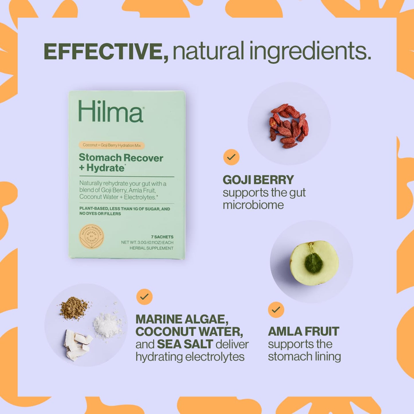 Hilma Stomach Recover and Hydrate Organic Electrolytes Powder for Hydration with Prebiotics and Gastroprotective Herbs, Rebalance Gut with Goji Berry and Coconut Water, Doctor-Formulated, 7