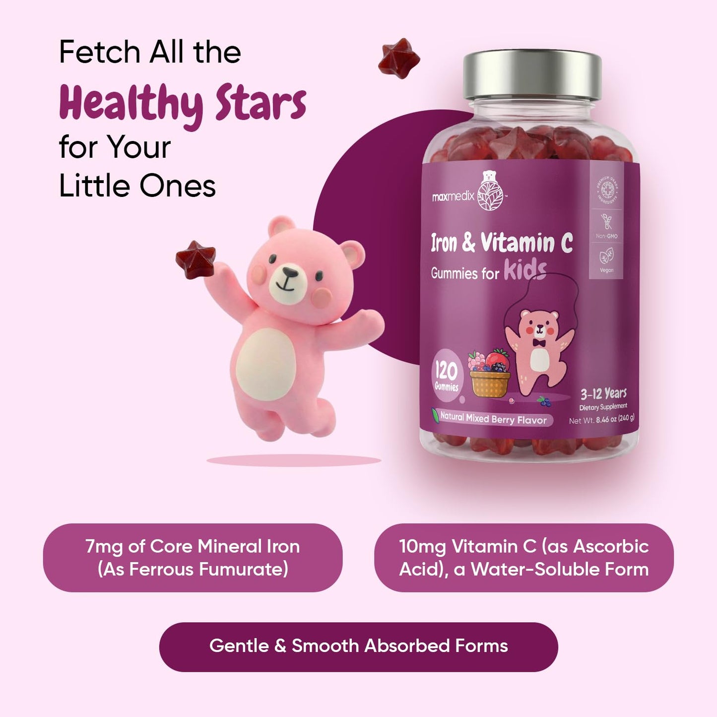Maxmedix Kids Iron with Vitamin C Gummies 120 Count