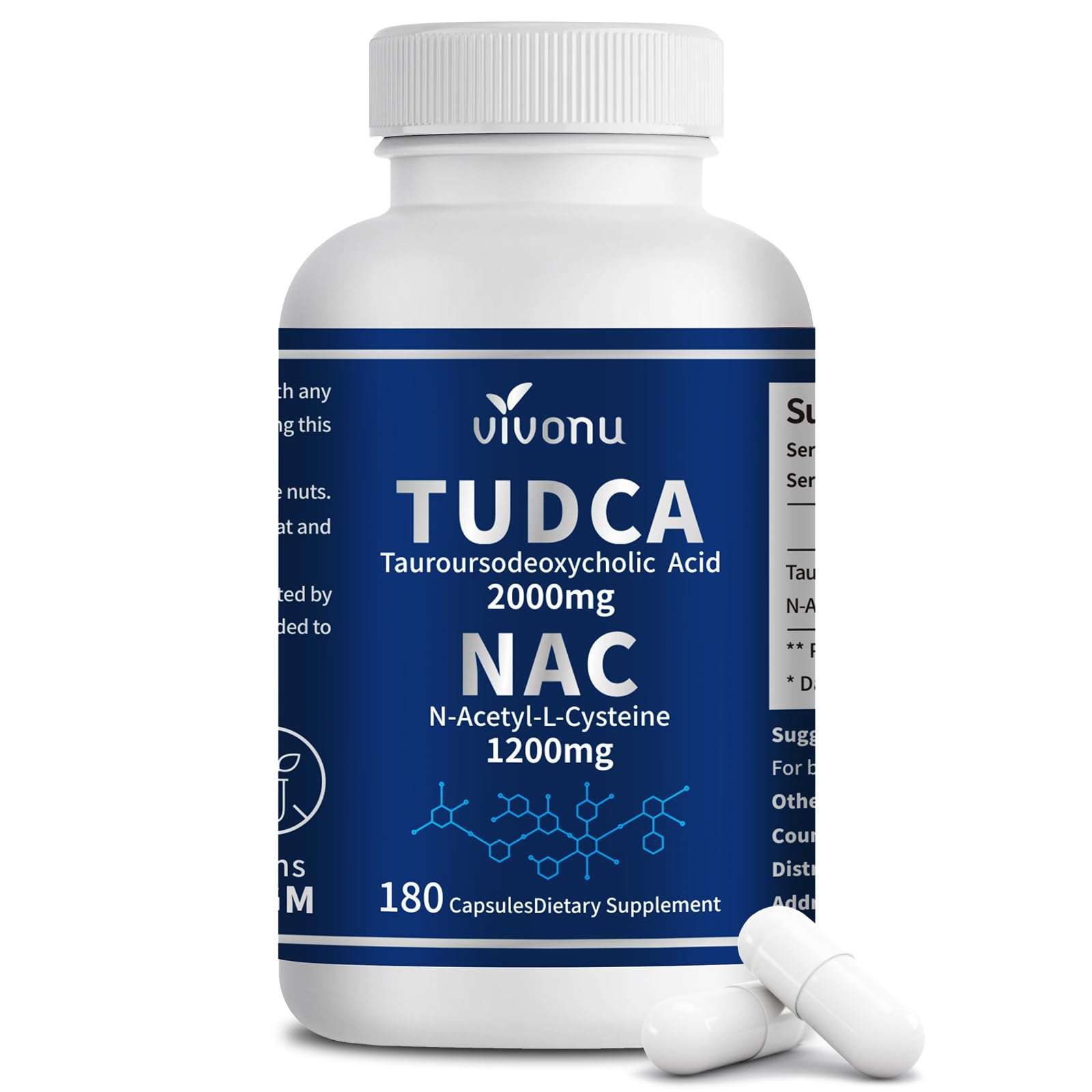 VivoNu TUDCA 2000mg + NAC 1200mg Supplement Complex Capsules, 180 Capsules