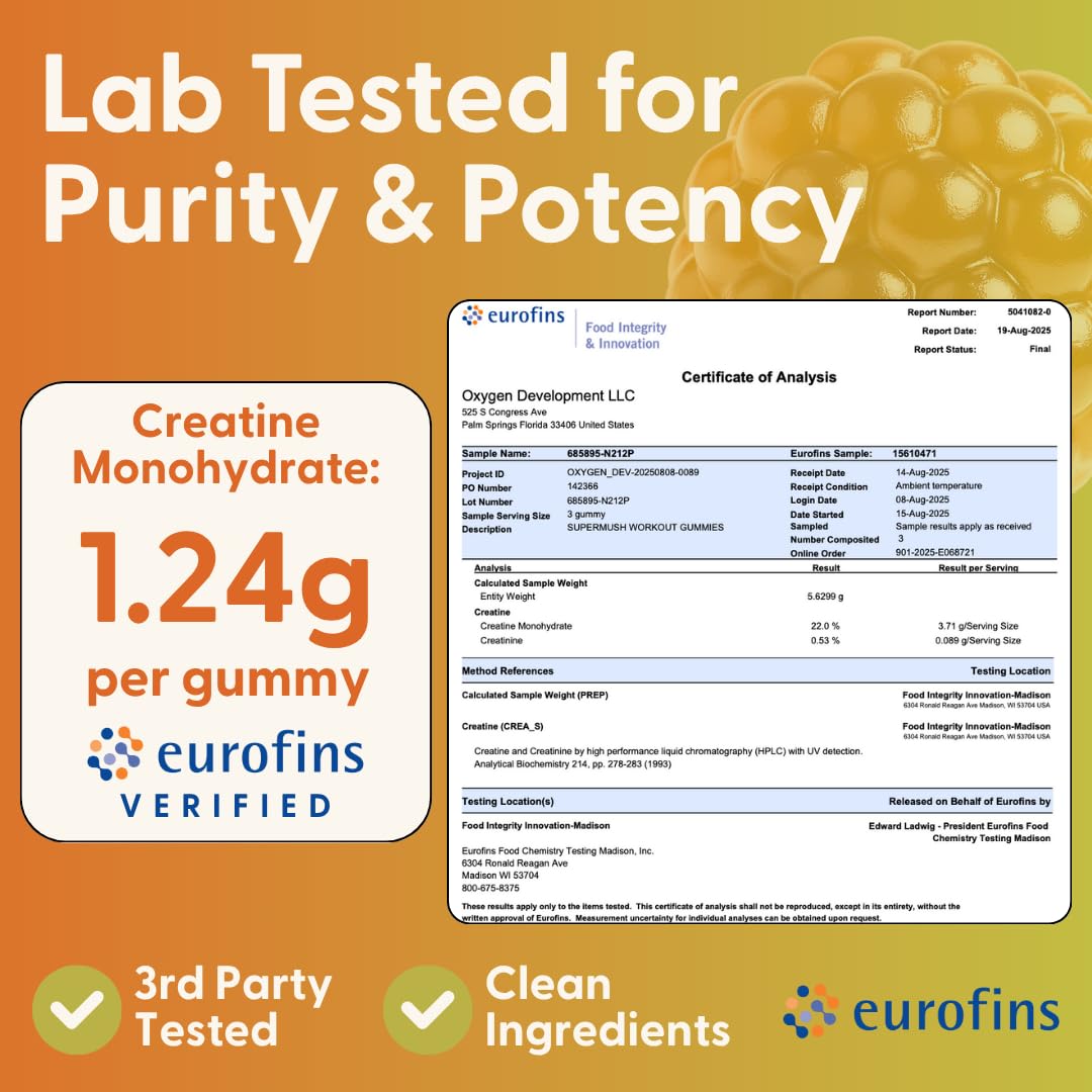 SuperMush Daily Creatine Gummies with Cordyceps Mushroom Extract, 60 Count