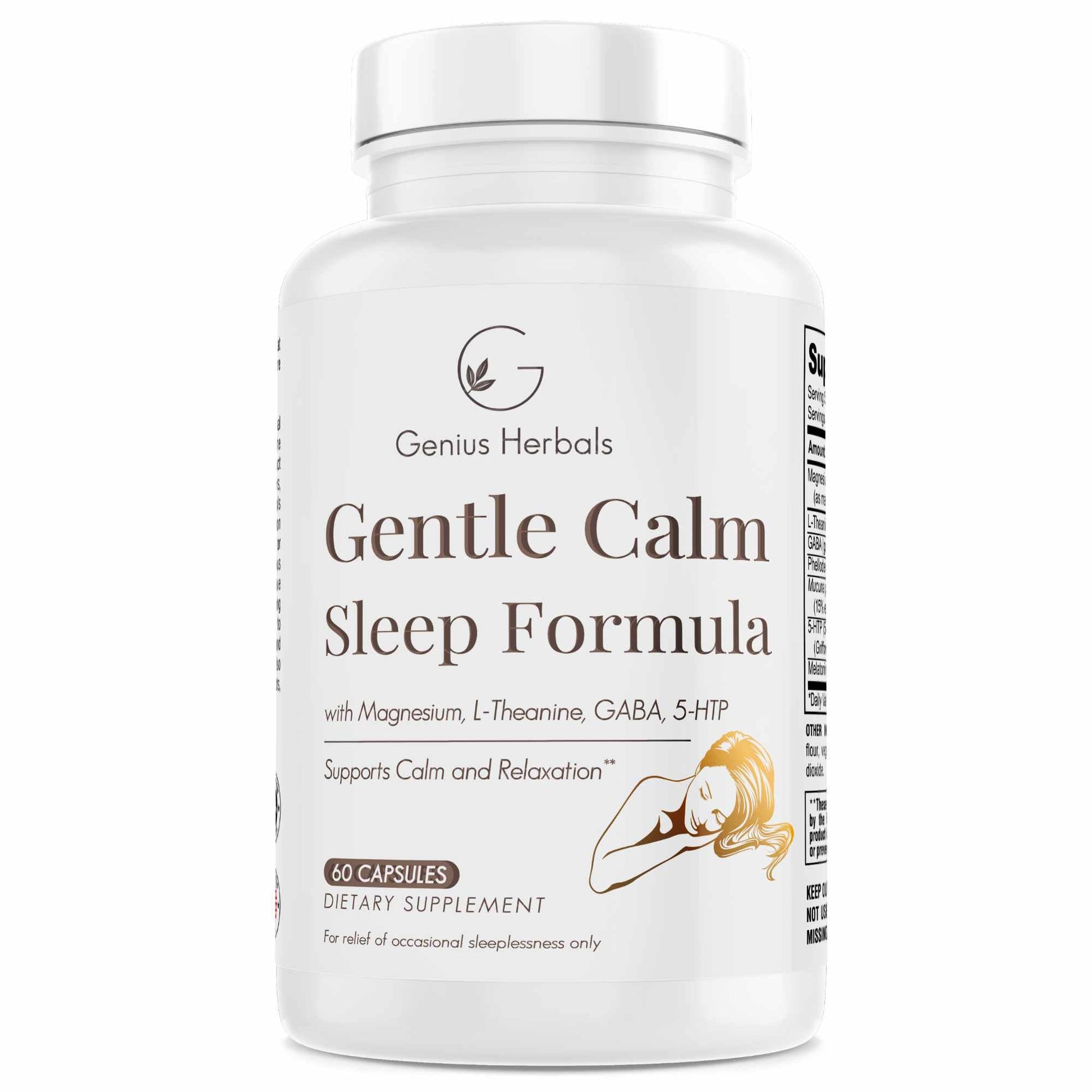 GENIUS HERBALS Gentle Calm Sleep Formula with Magnesium, L-Theanine, Melatonin, GABA, 5-Htp, 60 Capsules