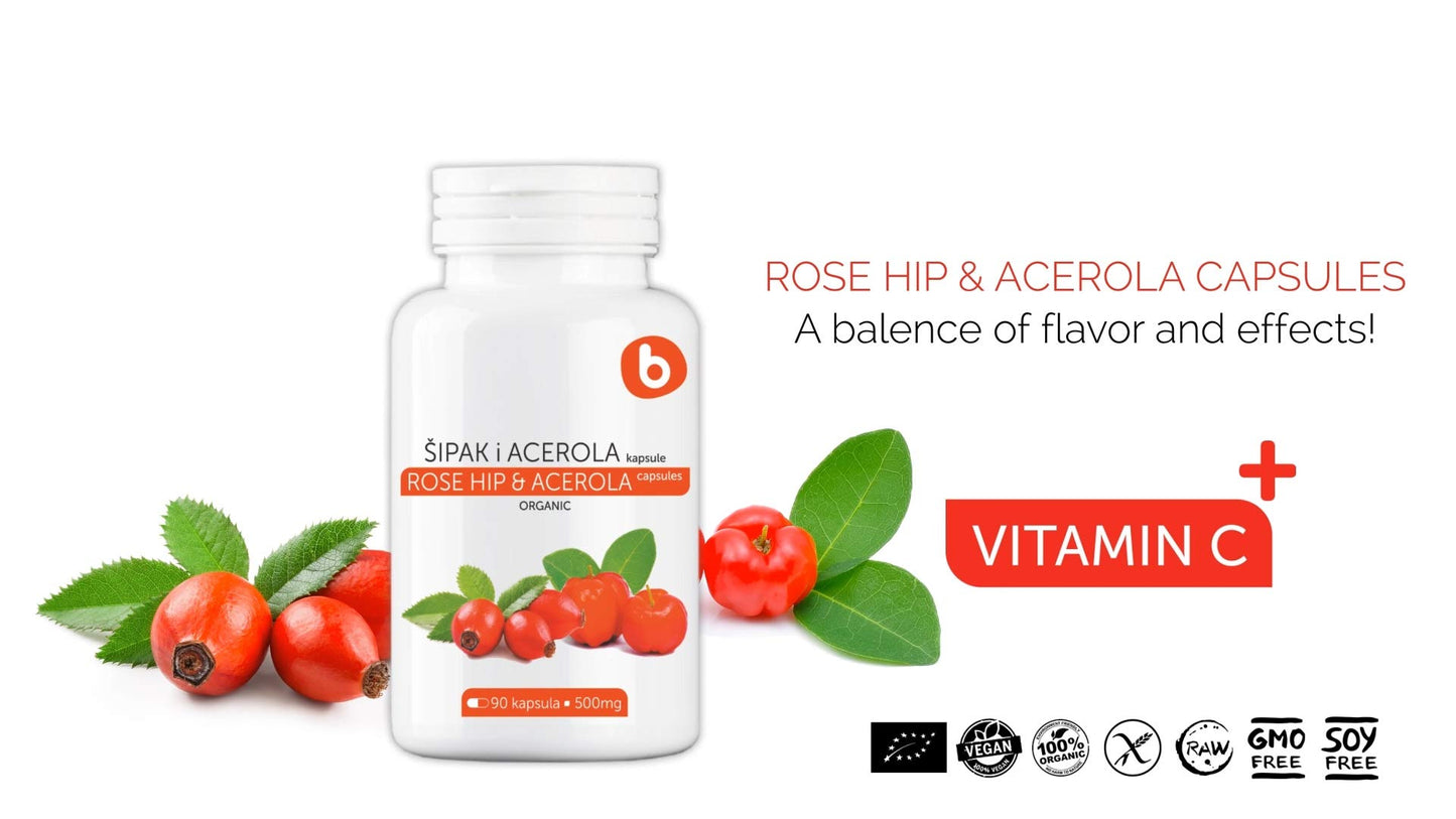 b RoseHips & Acerola Capsules - Vitamin C 1000mg from Acerola Cherry Powder & Rosehip Powder, Plant-Based, GMO-Free - 90 Vegan Capsules