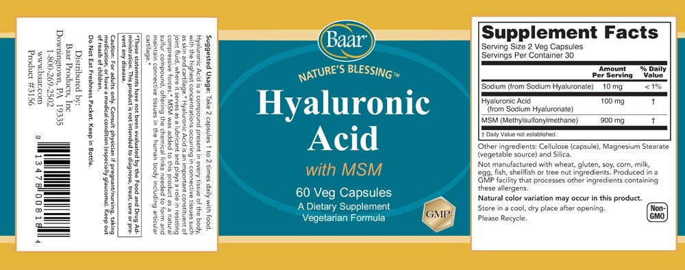 Baar Nature's Blessing Hyaluronic Acid with MSM Capsules, 60