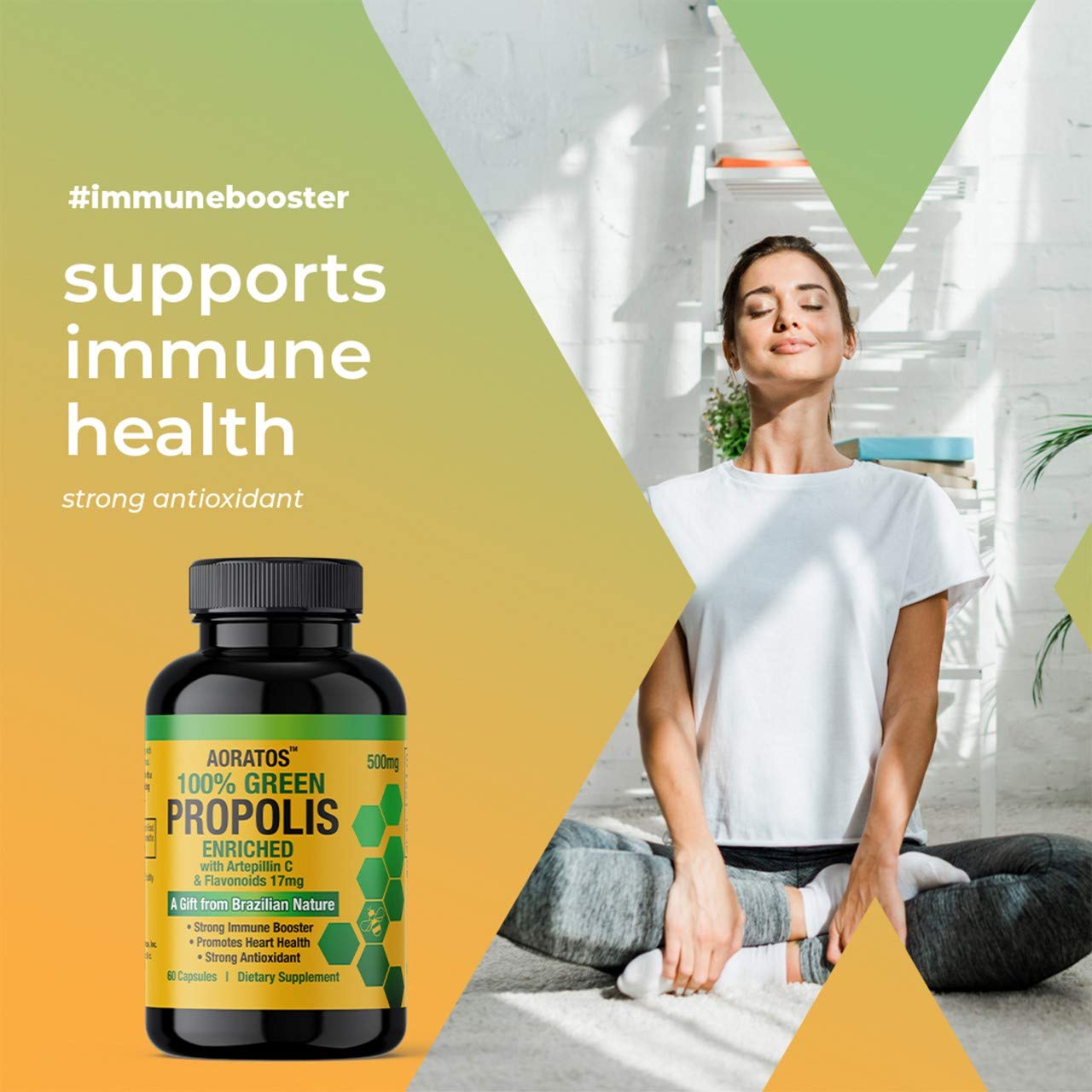 Aoratos 100% Brazilian Green Propolis Enriched 500mg Immune Support Capsule, 60 Capsules