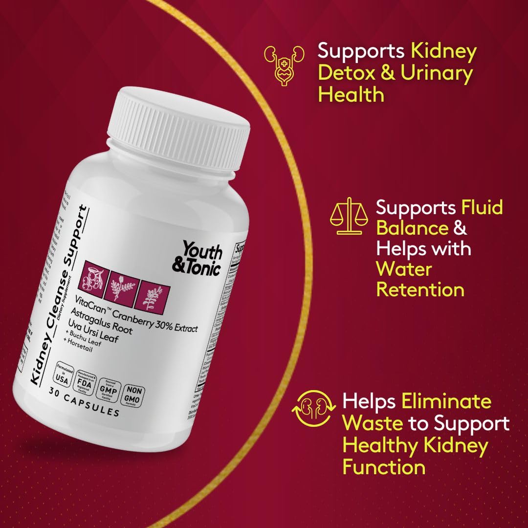 Youth & Tonic Kidney Support Supplement, Cleanse, Detox, Cranberry Extract Capsules, 30 Count