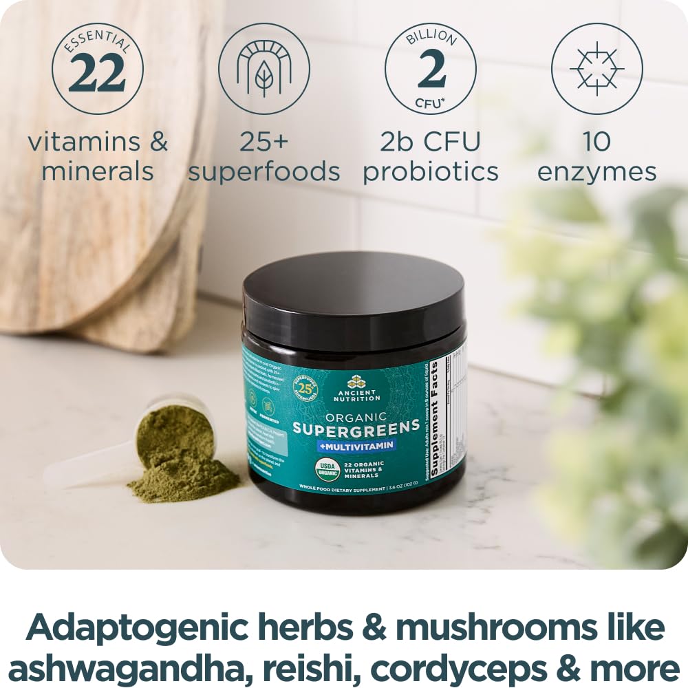 Ancient Nutrition Organic SuperGreens Powder with Probiotics, 3.6oz, 12 Servings