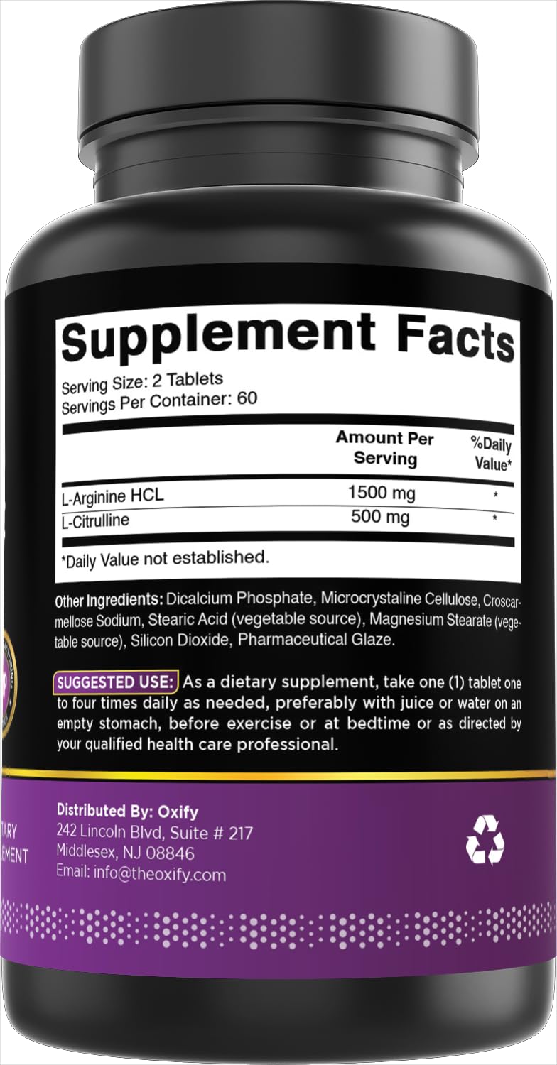 Oxify L-Arginine L-Citrulline Complex 2000 mg Per Serving Tablets 120
