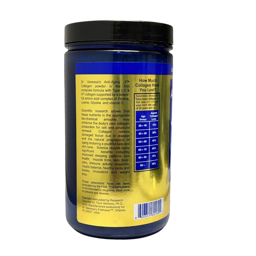 Dr. Venessa's Formulas Anti-Aging 3 Collagen Type I, II & III Powder, 21.1644 oz