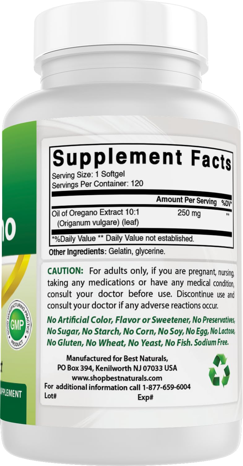 Best Naturals Oregano Oil 250 Mg Softgels 120 Count