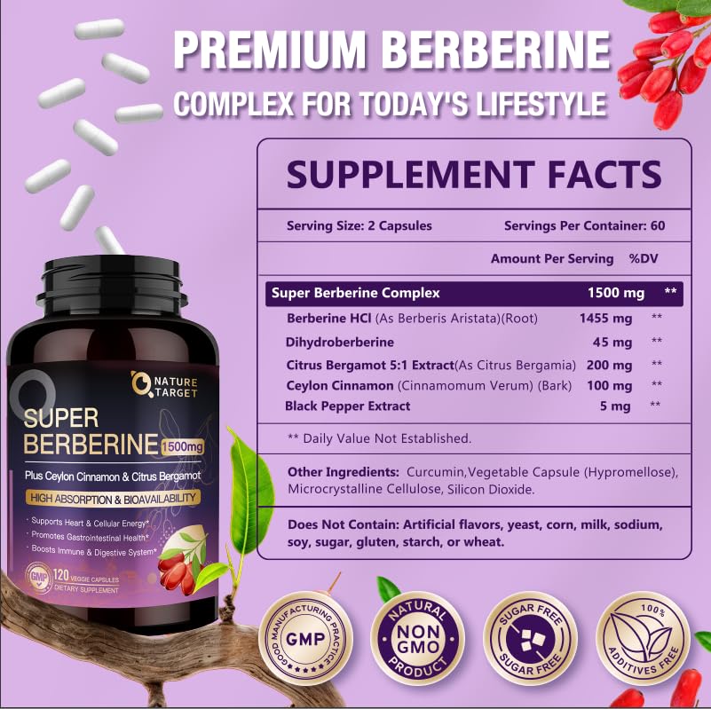 NATURE TARGET Berberine Supplement 1500mg Higher Absorption Berberine HCL Complex with Citrus Bergamot Supports Gastrointestinal & Immune, Non-GMO, 120 Capsules