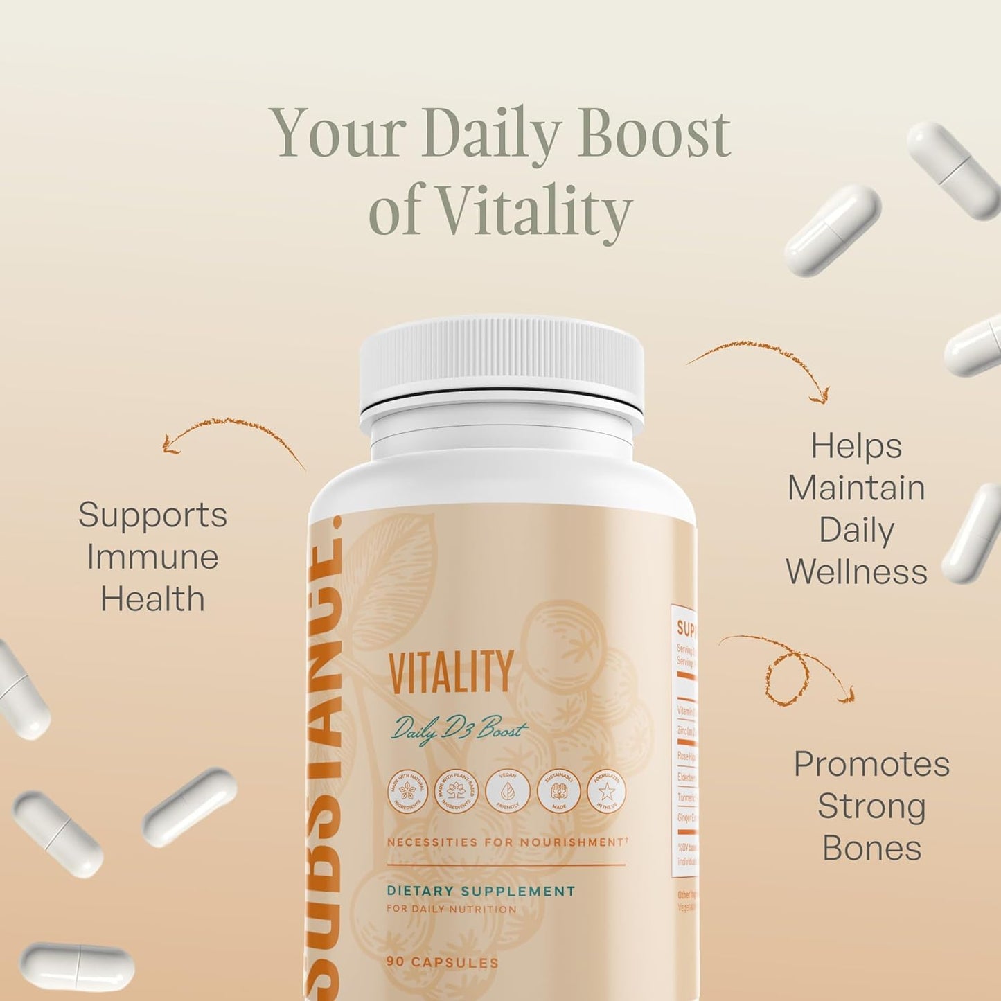 SUBSTANCE Nature’s Vitality Daily D3 Boost Supplement with Vitamin D3, Zinc, Elderberry, Turmeric & Ginger - Immune Support & Bone Health, 90 Capsules