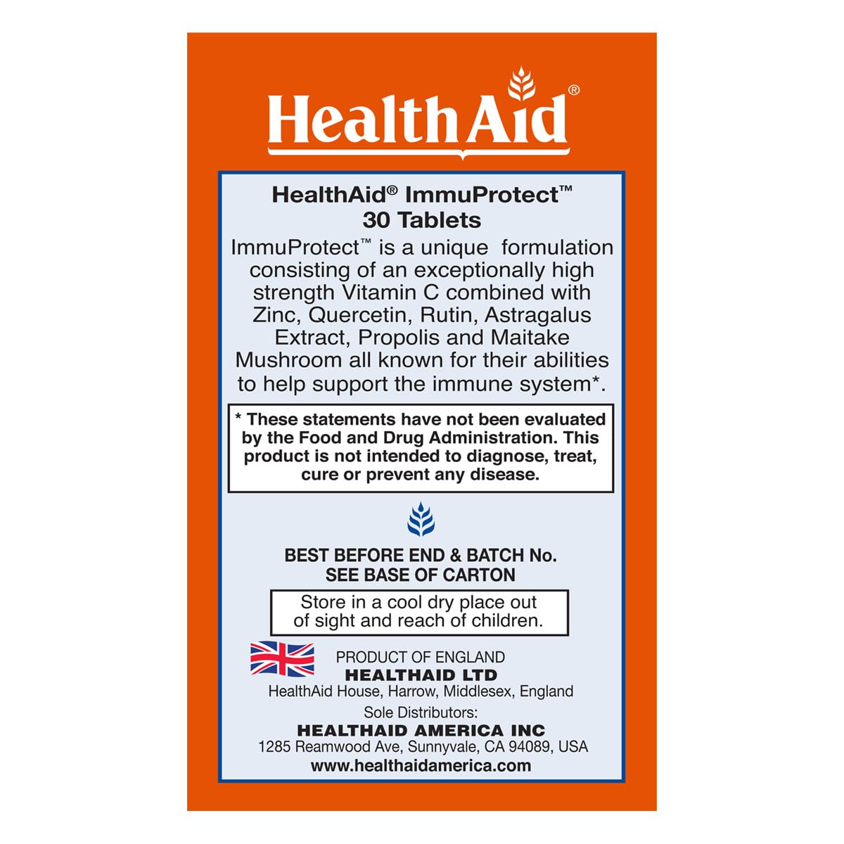 HealthAid ImmuProtect Daily Immune Support Vitamin C, Zinc, Quercetin & Propolis with Astragalus & Maitake - Vegetarian, 30 Tablets