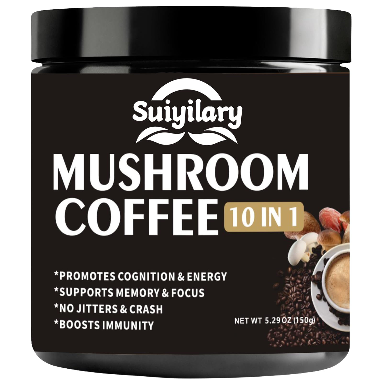 Suiyilary Mushroom Coffee Powder 5.3 oz - 10-Mushroom Extract Blend (Lion's Mane, Reishi, Chaga, Cordyceps, Turkey Tail)