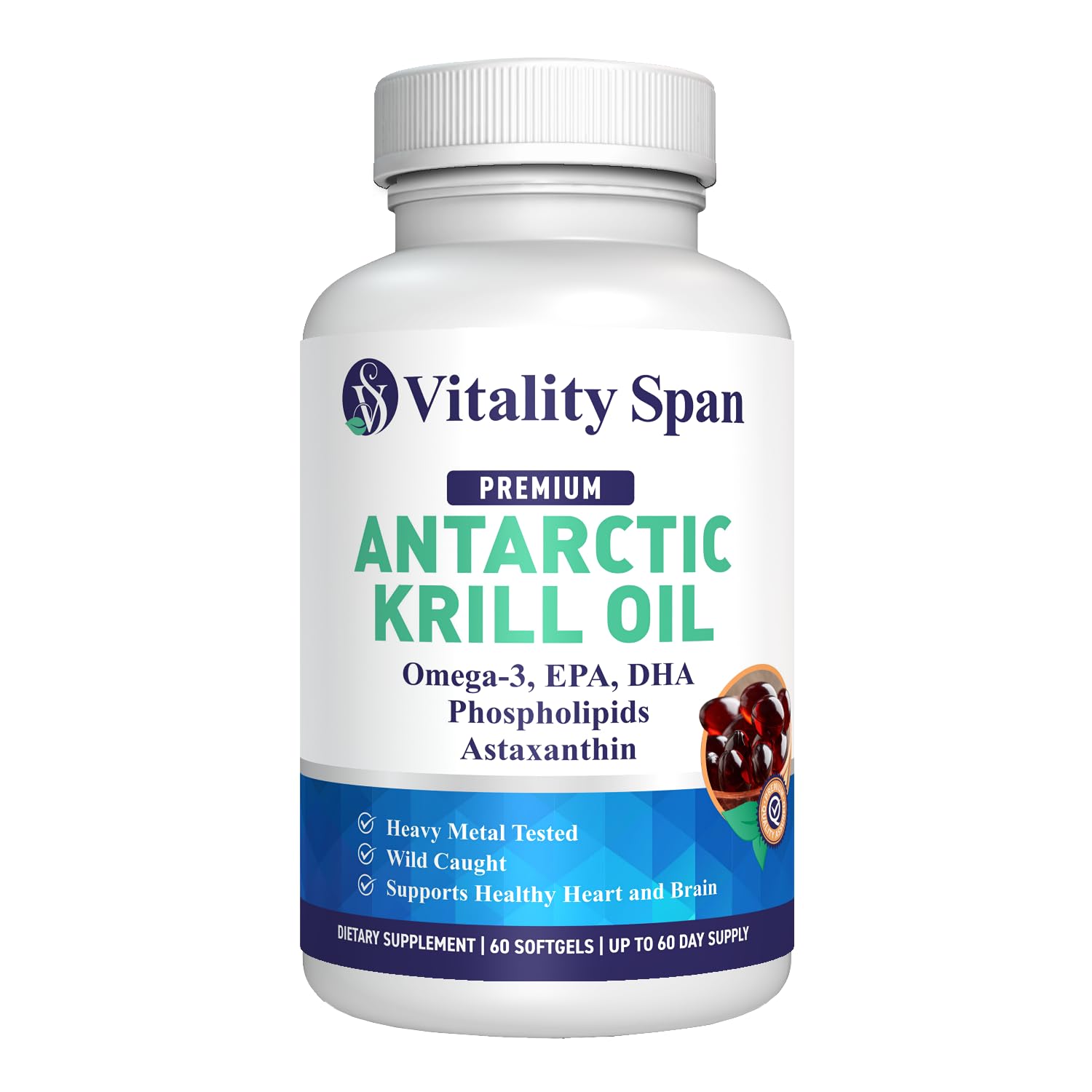 Vitality Span Krill Oil 500mg Omega-3 Astaxanthin Choline DHA EPA Softgels 60