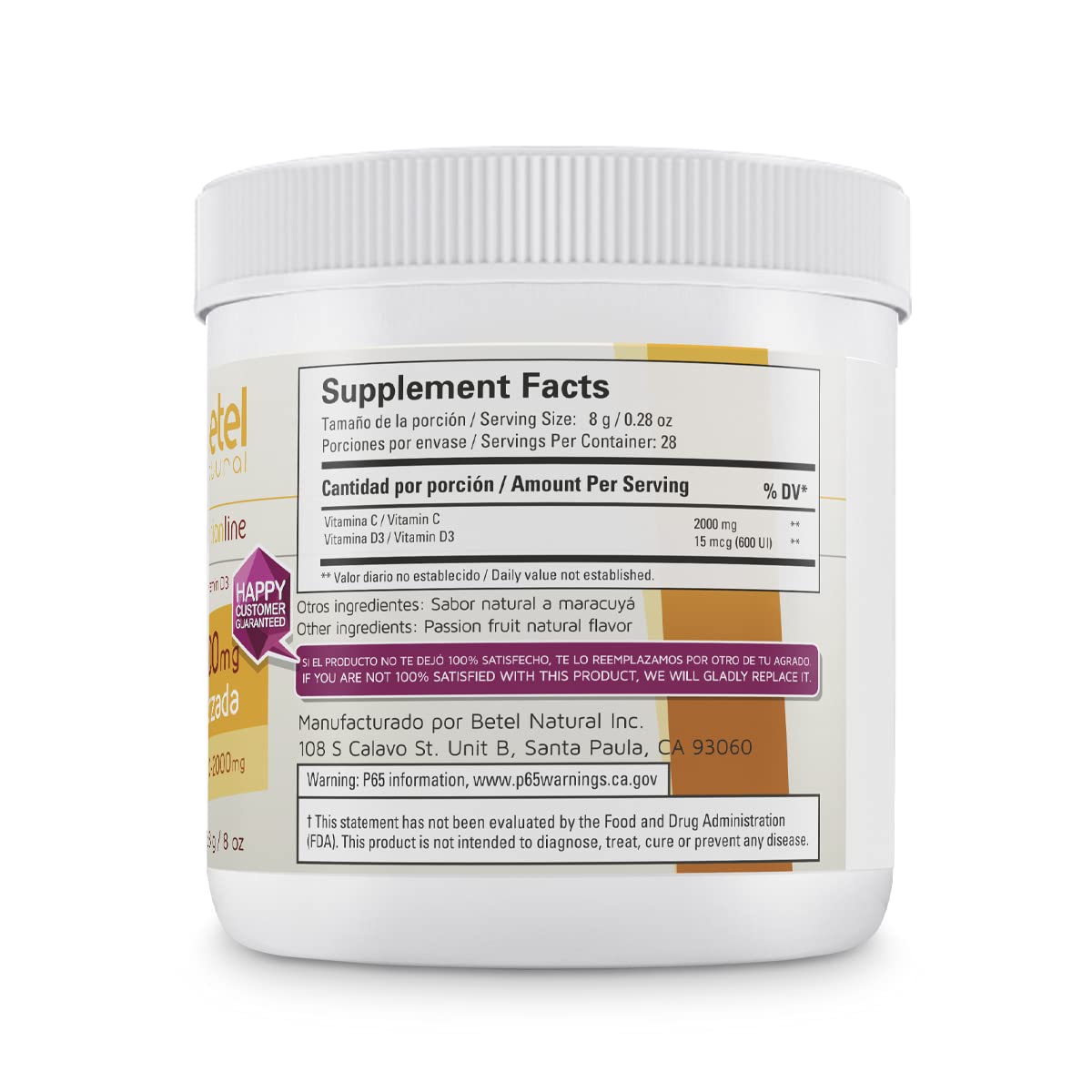 Betel Natural Premium Vitamin C 2000 mg Plus Vitamin D Powder Maracuya Flavor, 8 oz