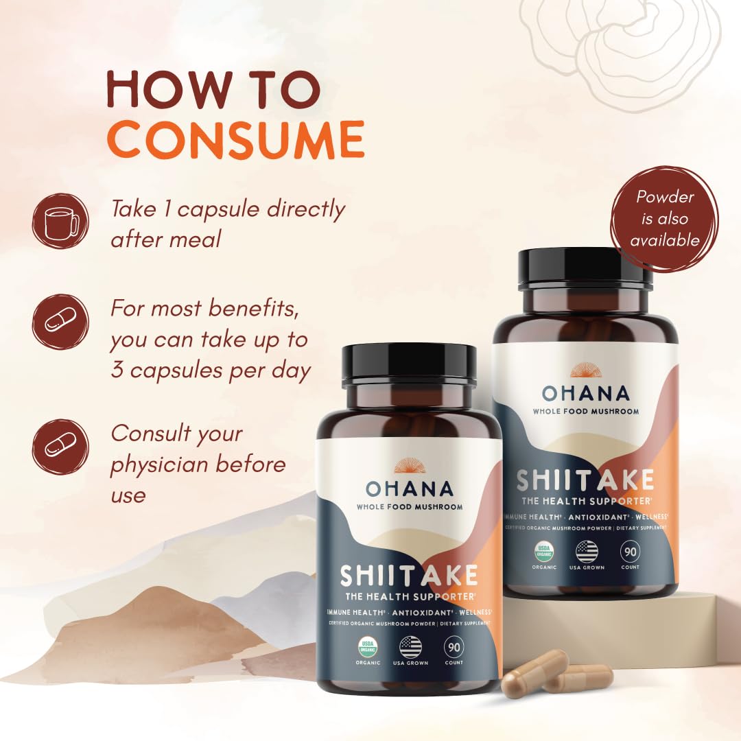Ohana Mushrooms Shiitake Organic Mushrooms Blend Whole Food Mushroom Supplement, Capsule, 90 Capsules, USDA Organic, Non-GMO, Gluten-Free