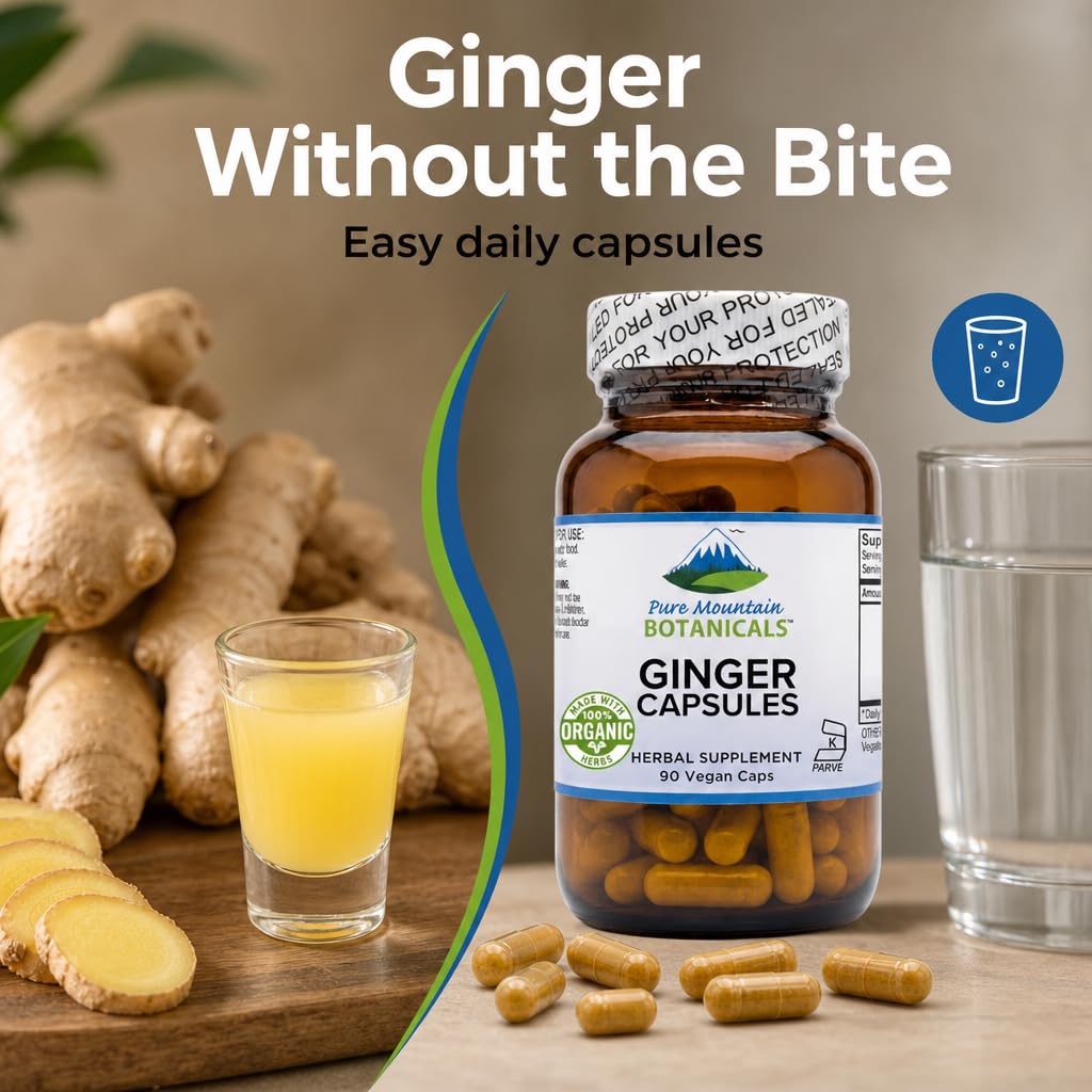 Pure Mountain Botanicals Ginger Capsules 1000mg Organic Ginger Root, 90 Capsules