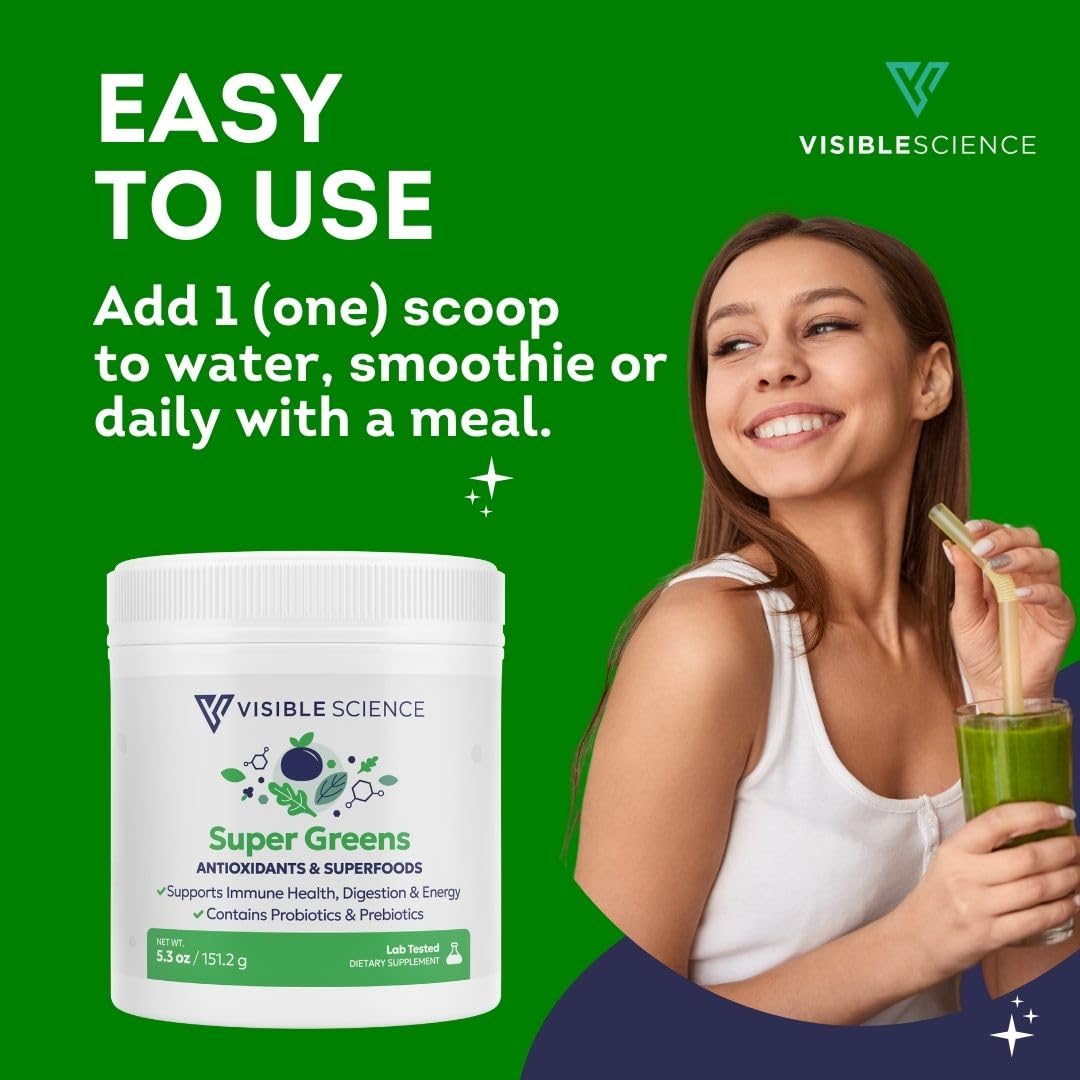 Visible Science Super Greens Powder – Superfoods for Detox, Energy & Immunity, 30 Scoops per Jar