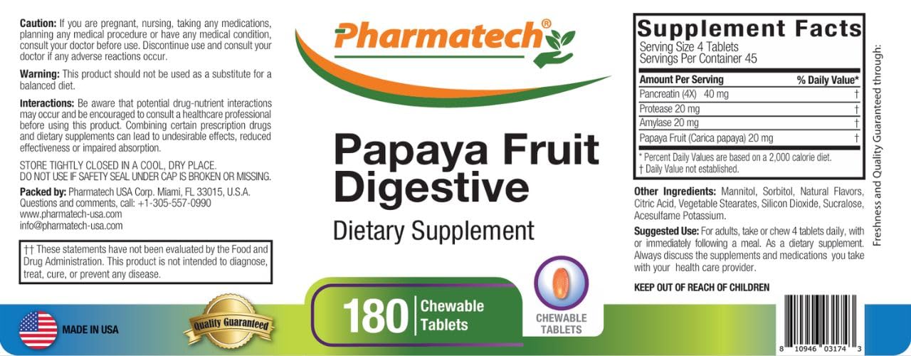 PHARMATECH Papaya Fruit Digestive Enzyme Supplement, 180 Chewable Tablets