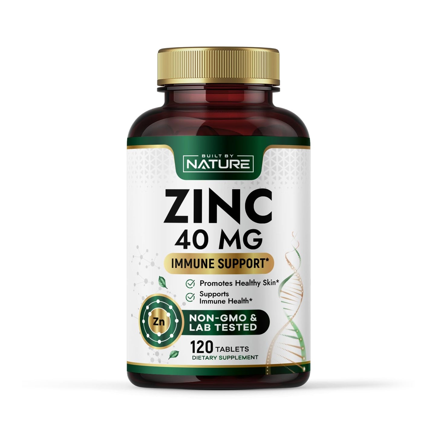 Built by Nature Zinc 40 mg High-Potency Immune Support & Antioxidant Supplement Zinc Gluconate Non-GMO Gluten Free 120 Tablets