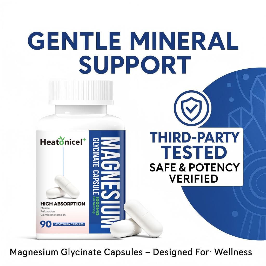 Heatonicel Magnesium Glycinate 400mg Capsules, Chelated Gentle Supplement for Stress Relief, Heart & Muscle Support, Non-GMO & Gluten Free, 90 Capsules
