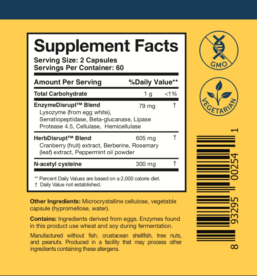 Researched Nutritionals BioDisrupt - Disrupt Biofilm Matrices - Clinically Researched Formula with Enzymes Disrupt Enzyme Blend, Cranberry Extract & N-Acetyl Cysteine, 120 Capsules
