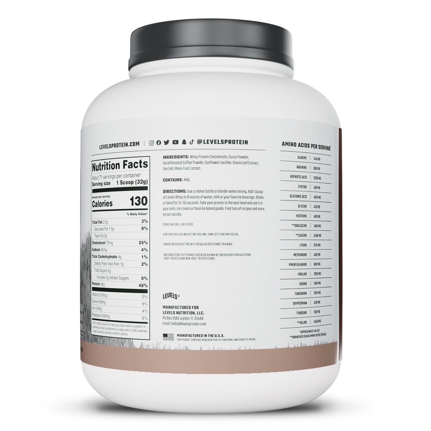 Levels Nutrition Grass Fed Whey Protein Powder, Chocolate Mocha, 80 Servings