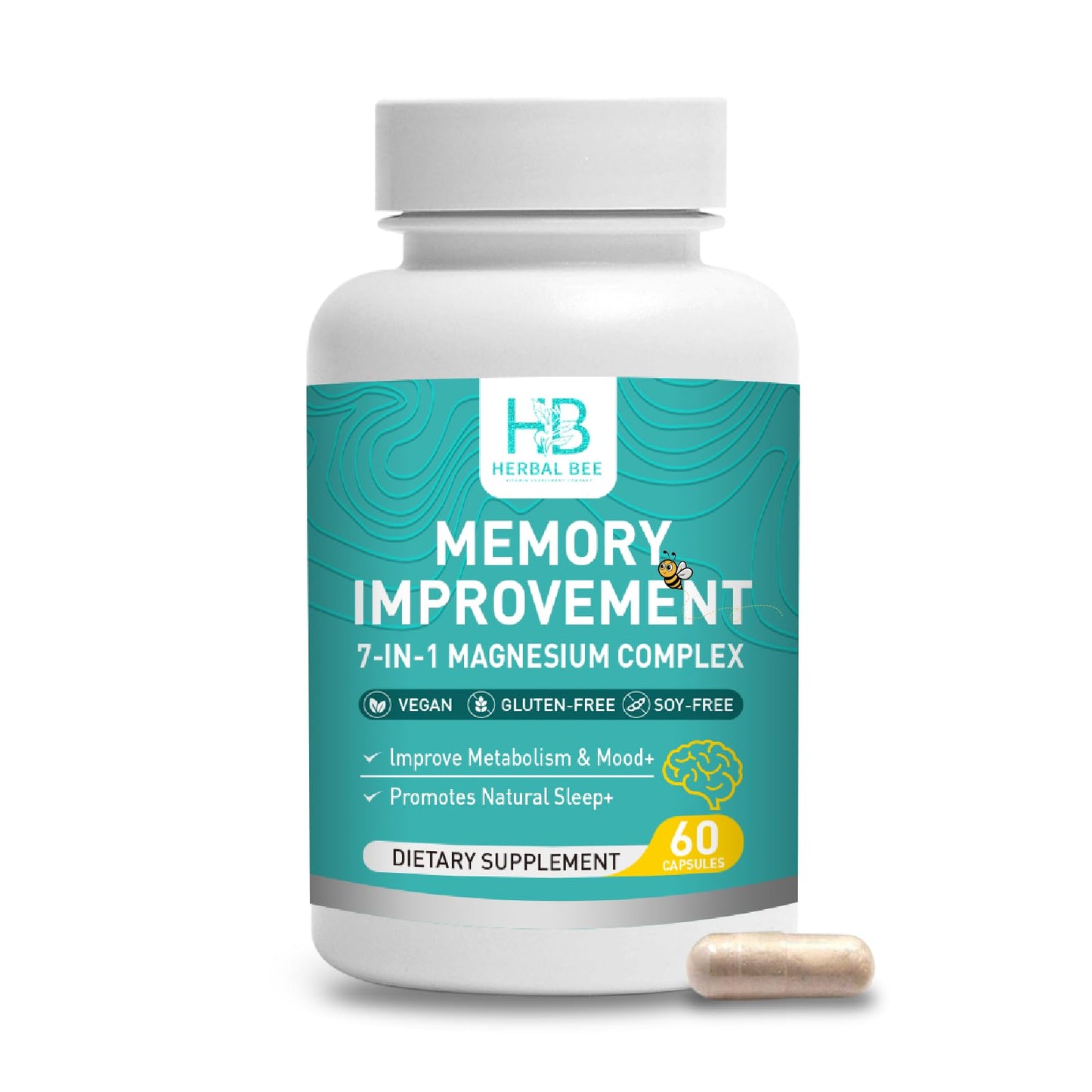 Herbal Bee 7-in-1 Magnesium Complex Capsules - High Absorption Memory, Sleep & Mood Support - Magnesium Glycinate, Malate, Taurate, Citrate and More - Vegan, Gluten-Free, Soy-Free, 60 Capsules