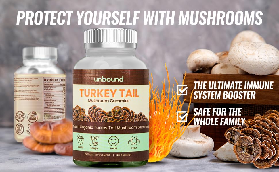 Unbound Mushroom Gummies Premium Organic Turkey Tail Mushroom, 60 Gummies