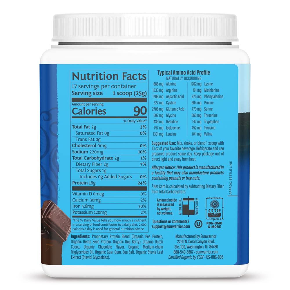 Sunwarrior Organic Plant Based Protein Powder Chocolate Flavor, 17 Servings