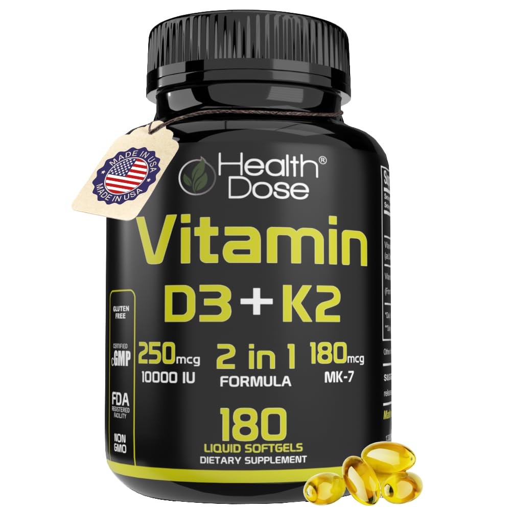 Health Dose Vitamin D3 10,000 IU + K2 (MK7) Supplement Softgels 180