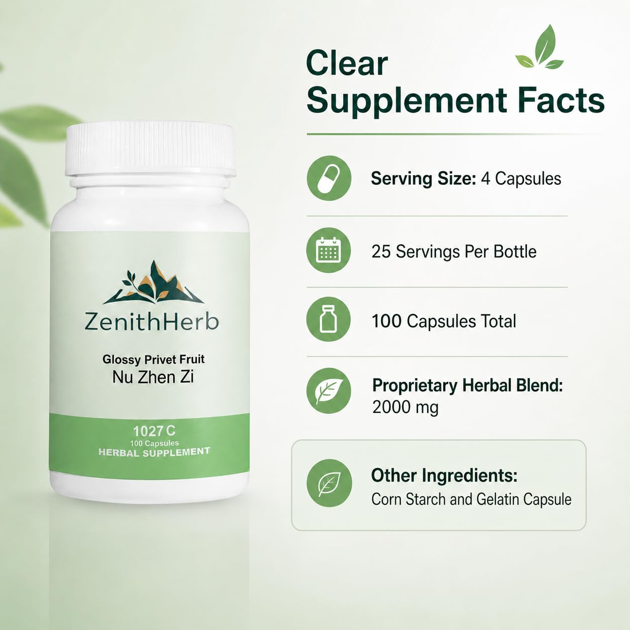 ZenithHerb Nu Zhen Zi, Glossy Privet Fruit Capsules, 100 Capsules