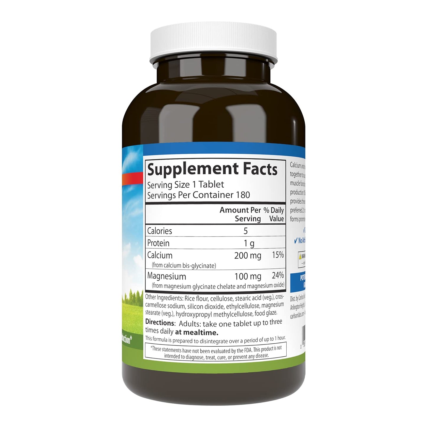 Carlson Chelated Cal-Mag 2:1 Calcium to Magnesium Ratio, Bone Support, Muscle Function & Energy Production, 180 Tablets